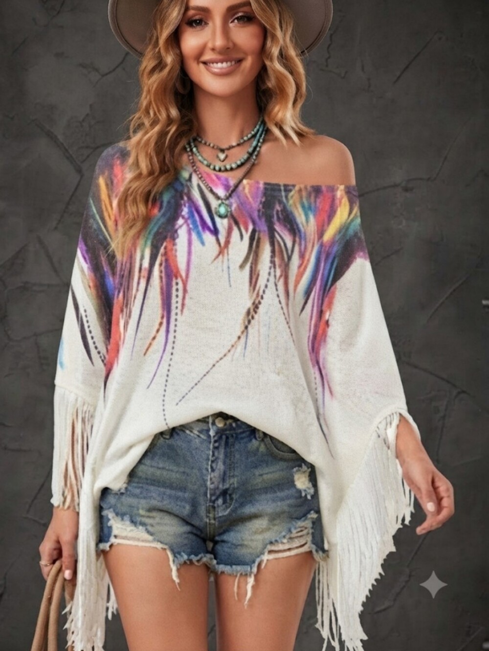 Vintage Boho Colorful Feather Print White Knit Poncho With Fringe Sleeves OS